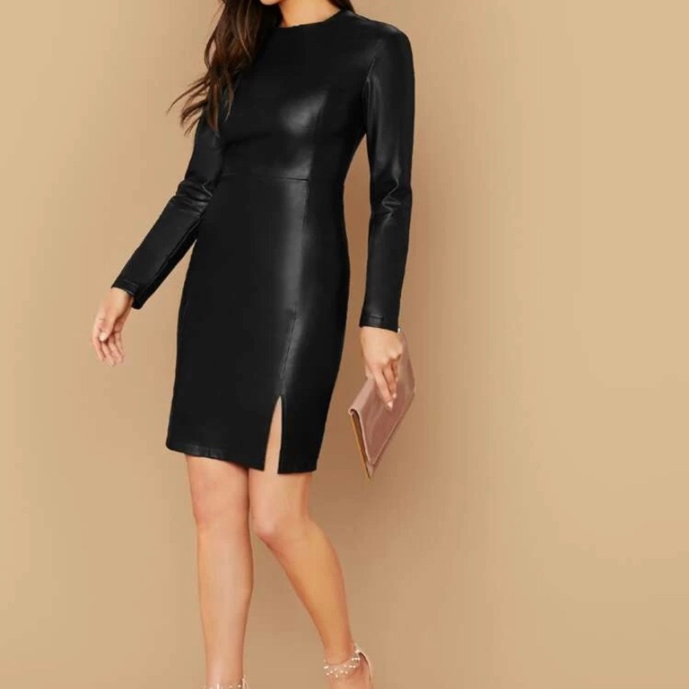 Zip Back Split Hem PU Leather Dress
